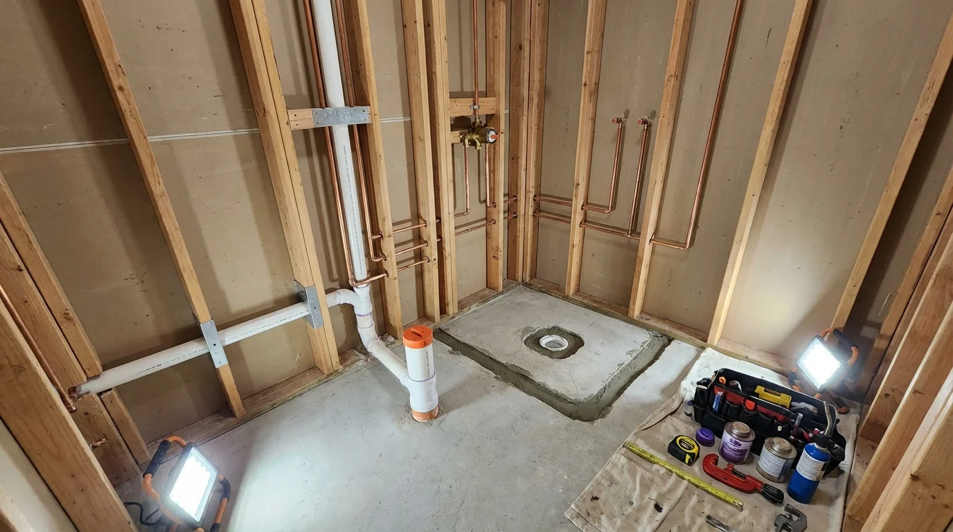 Bathroom rough-in plumbing during remodel by Johns Plumbing LLC in Carle Place
