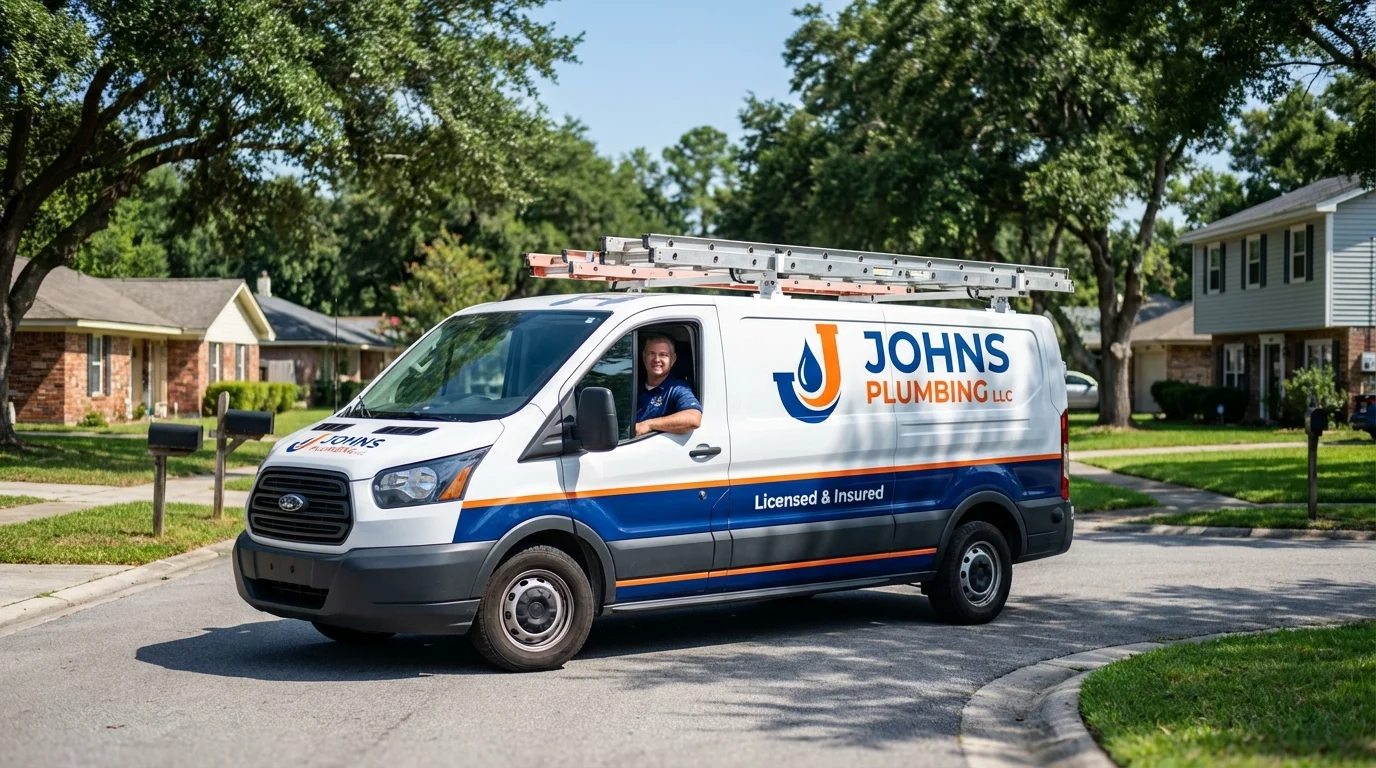 Johns Plumbing LLC service van in Carle Place, NY
