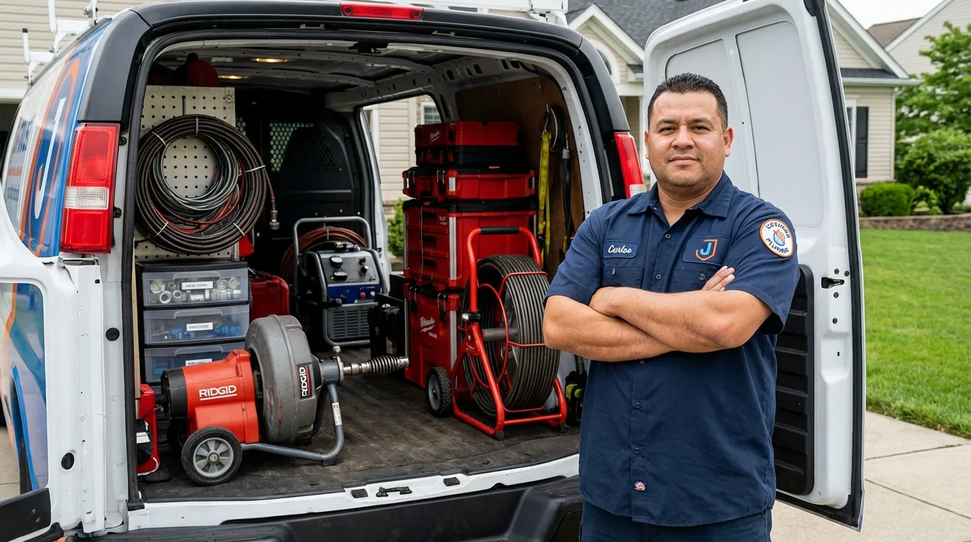 Professional drain cleaning equipment and Johns Plumbing LLC plumber in Carle Place