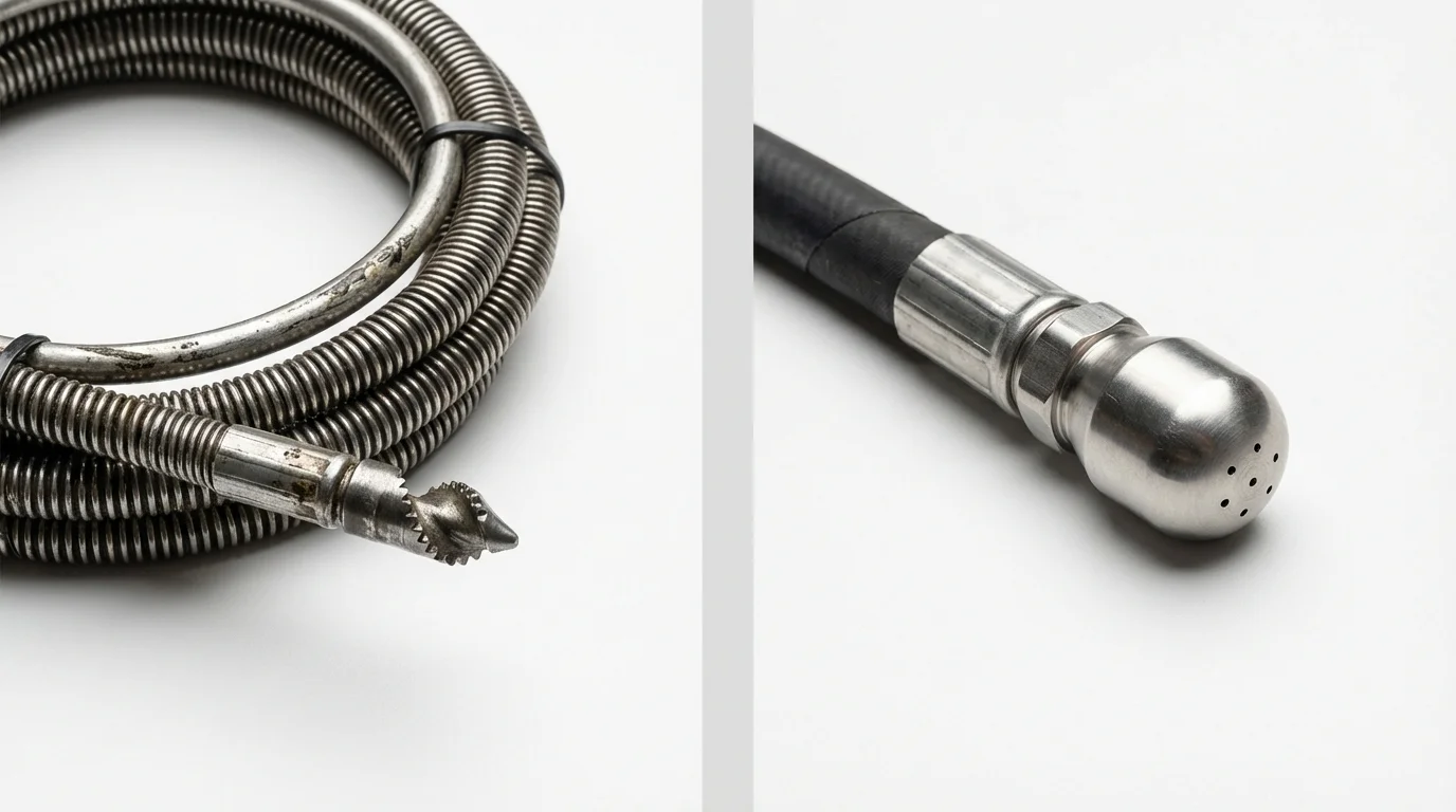 Drain snake cable and hydro jetting nozzle used for drain cleaning in Carle Place, NY