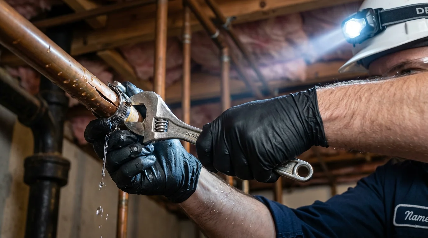 Emergency pipe clamp repair being performed by a Johns Plumbing LLC plumber in Carle Place