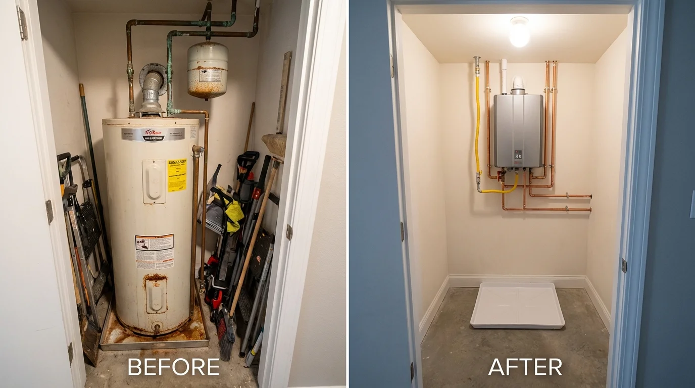Tank water heater versus wall-mounted tankless unit comparison for Carle Place, NY homeowners