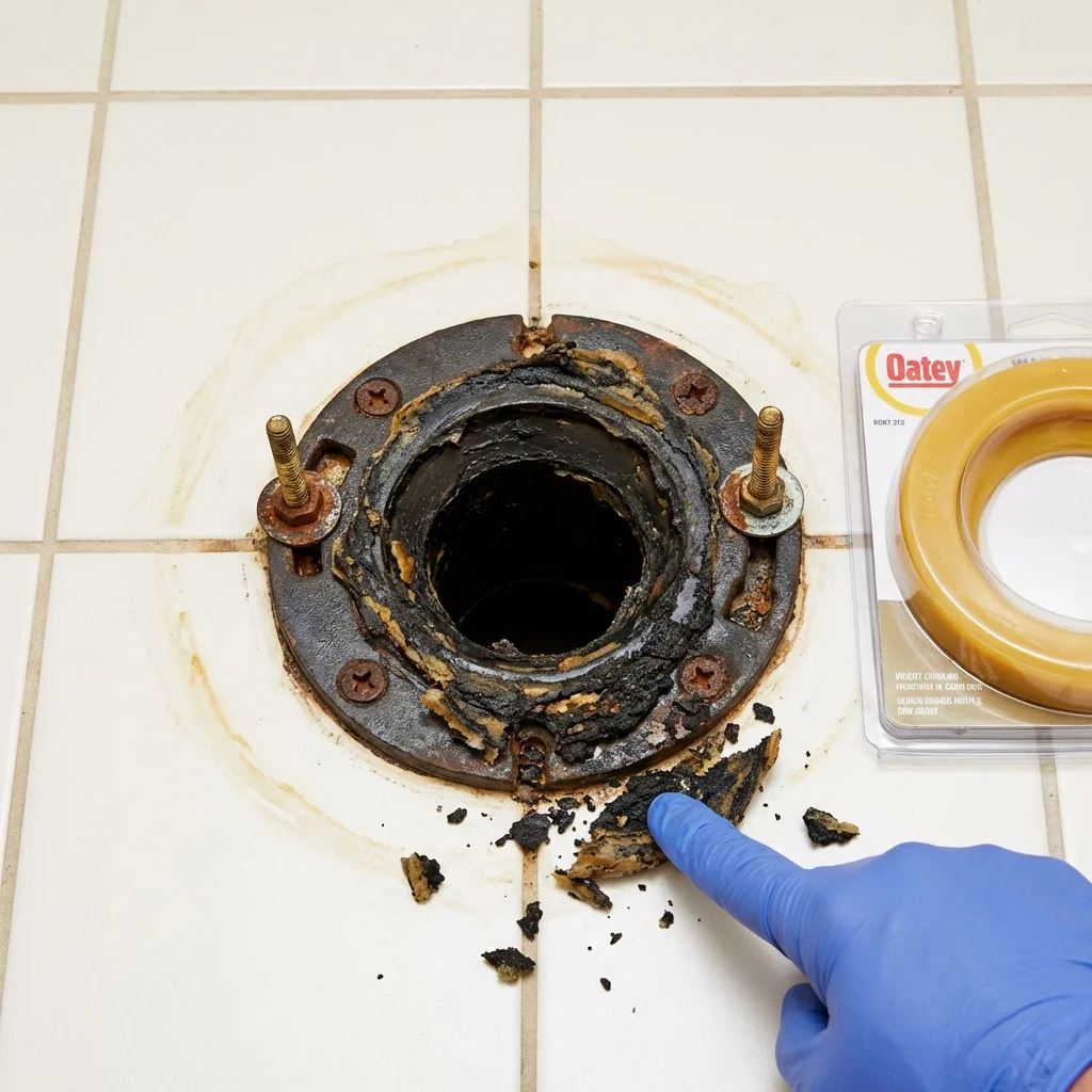 Failed wax ring showing water seepage at the base of a toilet in a Carle Place, NY home