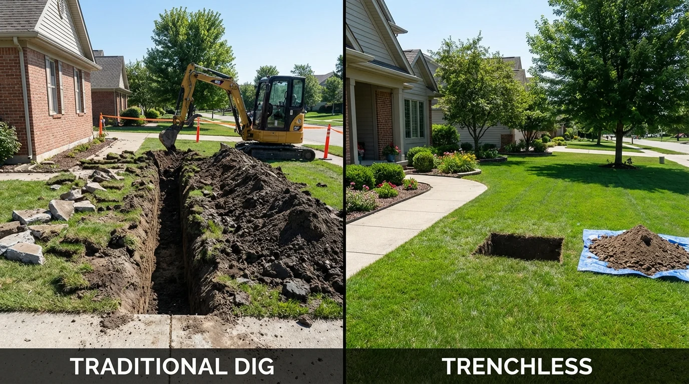Trenchless sewer repair with minimal yard damage versus traditional excavation in Carle Place, NY