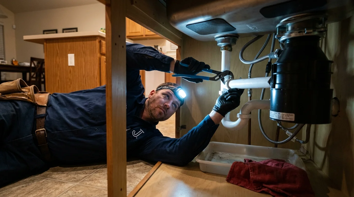 P-trap and supply line connections under a kitchen sink showing a common leak point in Carle Place, NY